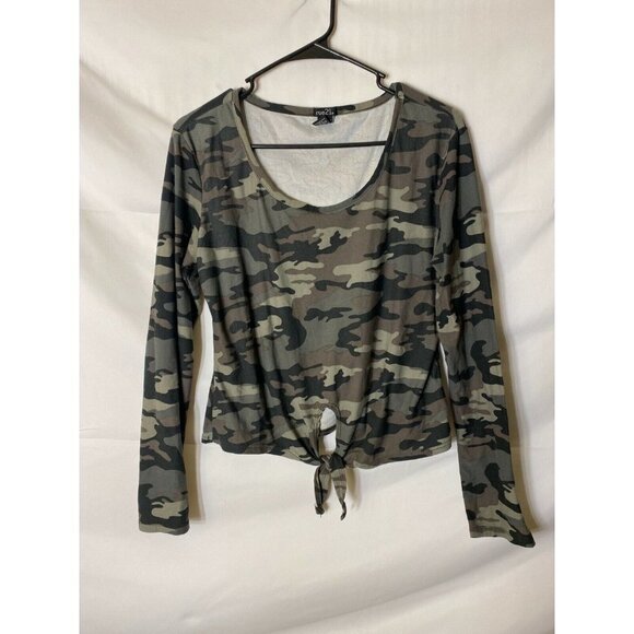 RUE 21 WOMENS JUNIORS CAMO LONG SLEEVE TOP SHIRT BLOUSE SIZE LARGE 11/13 - Picture 1 of 3